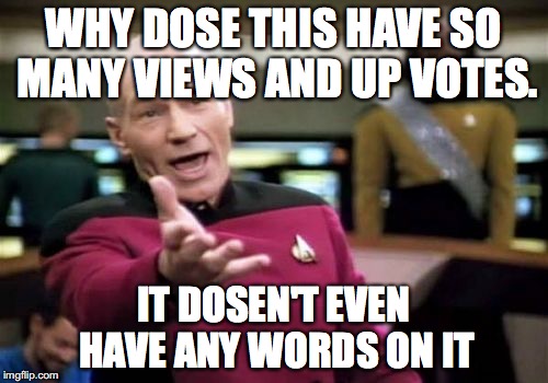 Picard Wtf Meme | WHY DOSE THIS HAVE SO MANY VIEWS AND UP VOTES. IT DOSEN'T EVEN HAVE ANY WORDS ON IT | image tagged in memes,picard wtf | made w/ Imgflip meme maker