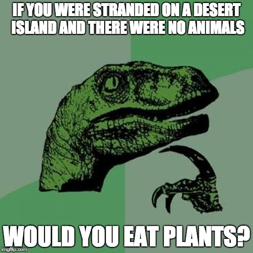 Philosoraptor | IF YOU WERE STRANDED ON A DESERT ISLAND AND THERE WERE NO ANIMALS; WOULD YOU EAT PLANTS? | image tagged in memes,philosoraptor,plants,vegan,veganism,vegan logic | made w/ Imgflip meme maker