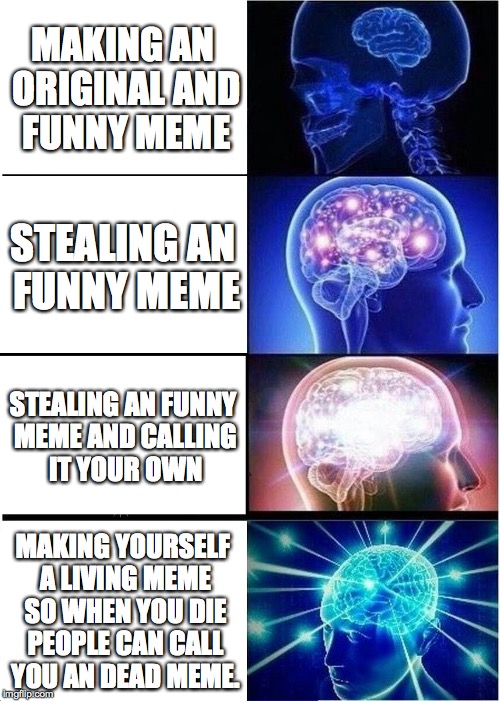 Expanding Brain Meme | MAKING AN ORIGINAL AND FUNNY MEME; STEALING AN FUNNY MEME; STEALING AN FUNNY MEME AND CALLING IT YOUR OWN; MAKING YOURSELF A LIVING MEME SO WHEN YOU DIE PEOPLE CAN CALL YOU AN DEAD MEME. | image tagged in memes,expanding brain | made w/ Imgflip meme maker