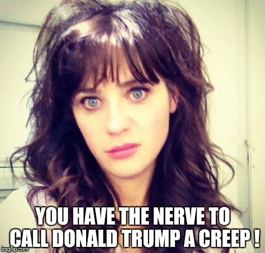 Zooey Deschanel | YOU HAVE THE NERVE TO CALL DONALD TRUMP A CREEP ! | image tagged in zooey deschanel | made w/ Imgflip meme maker