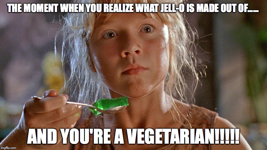 Jell-O is ANIMALS???? | THE MOMENT WHEN YOU REALIZE WHAT JELL-O IS MADE OUT OF...... AND YOU'RE A VEGETARIAN!!!!! | image tagged in jurassic park,lex eating jell-o,jell-o,lex jurassic park,vegetarian | made w/ Imgflip meme maker