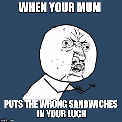 Y U No | WHEN YOUR MUM; PUTS THE WRONG SANDWICHES IN YOUR LUCH | image tagged in memes,y u no | made w/ Imgflip meme maker