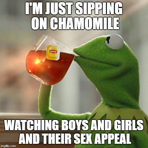 But That's None Of My Business Meme | I'M JUST SIPPING ON CHAMOMILE WATCHING BOYS AND GIRLS AND THEIR SEX APPEAL | image tagged in memes,but thats none of my business,kermit the frog | made w/ Imgflip meme maker