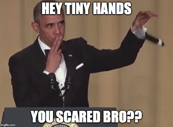Obama mic drop  | HEY TINY HANDS; YOU SCARED BRO?? | image tagged in obama mic drop | made w/ Imgflip meme maker