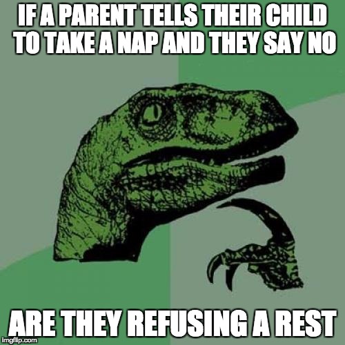 Philosoraptor | IF A PARENT TELLS THEIR CHILD TO TAKE A NAP AND THEY SAY NO; ARE THEY REFUSING A REST | image tagged in memes,philosoraptor | made w/ Imgflip meme maker