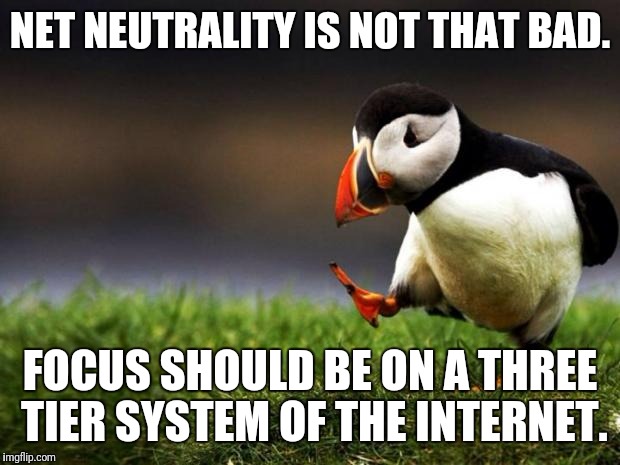 Unpopular Opinion Puffin Meme | NET NEUTRALITY IS NOT THAT BAD. FOCUS SHOULD BE ON A THREE TIER SYSTEM OF THE INTERNET. | image tagged in memes,unpopular opinion puffin | made w/ Imgflip meme maker
