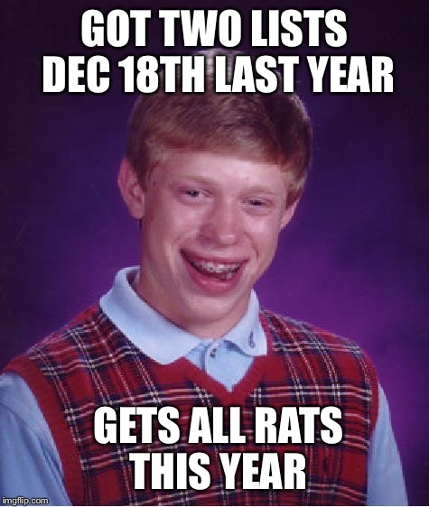 Bad Luck Brian Meme | GOT TWO LISTS DEC 18TH LAST YEAR; GETS ALL RATS THIS YEAR | image tagged in memes,bad luck brian | made w/ Imgflip meme maker