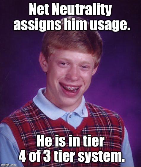 Bad Luck Brian Meme | Net Neutrality assigns him usage. He is in tier 4 of 3 tier system. | image tagged in memes,bad luck brian | made w/ Imgflip meme maker