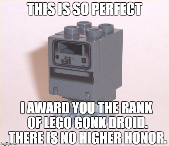 THIS IS SO PERFECT I AWARD YOU THE RANK OF LEGO GONK DROID. THERE IS NO HIGHER HONOR. | made w/ Imgflip meme maker