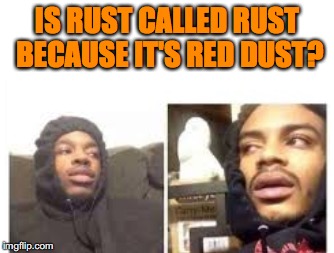 ??? | IS RUST CALLED RUST BECAUSE IT'S RED DUST? | image tagged in confused dude | made w/ Imgflip meme maker