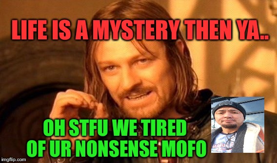 Life is a mystery | LIFE IS A MYSTERY THEN YA.. OH STFU WE TIRED OF UR NONSENSE MOFO | image tagged in memes,one does not simply,lol | made w/ Imgflip meme maker
