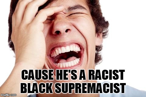 hilarious | CAUSE HE'S A RACIST BLACK SUPREMACIST | image tagged in hilarious | made w/ Imgflip meme maker