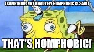 Mocking Spongebob Meme | (SOMETHING NOT REMOTELY HOMPHOBIC IS SAID); THAT'S HOMPHOBIC! | image tagged in spongebob mock | made w/ Imgflip meme maker