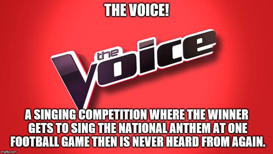 Why we're all idiots. #172 | THE VOICE! A SINGING COMPETITION WHERE THE WINNER GETS TO SING THE NATIONAL ANTHEM AT ONE FOOTBALL GAME THEN IS NEVER HEARD FROM AGAIN. | image tagged in the voice | made w/ Imgflip meme maker
