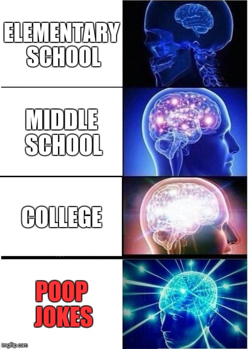 Expanding Brain Meme | ELEMENTARY SCHOOL MIDDLE SCHOOL COLLEGE POOP JOKES | image tagged in memes,expanding brain | made w/ Imgflip meme maker