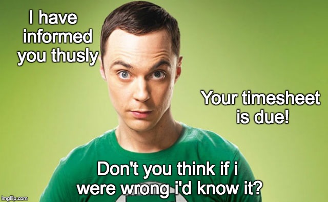 Sheldon Cooper Timesheet Reminder | I have  informed you thusly; Your timesheet is due! Don't you think if i were wrong i'd know it? | image tagged in sheldon cooper timesheet reminder meme,big bang theory,sheldon cooper | made w/ Imgflip meme maker