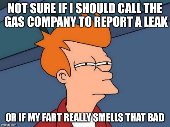 Futurama Fry | NOT SURE IF I SHOULD CALL THE GAS COMPANY TO REPORT A LEAK; OR IF MY FART REALLY SMELLS THAT BAD | image tagged in memes,futurama fry | made w/ Imgflip meme maker