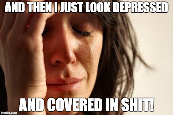 First World Problems Meme | AND THEN I JUST LOOK DEPRESSED AND COVERED IN SHIT! | image tagged in memes,first world problems | made w/ Imgflip meme maker