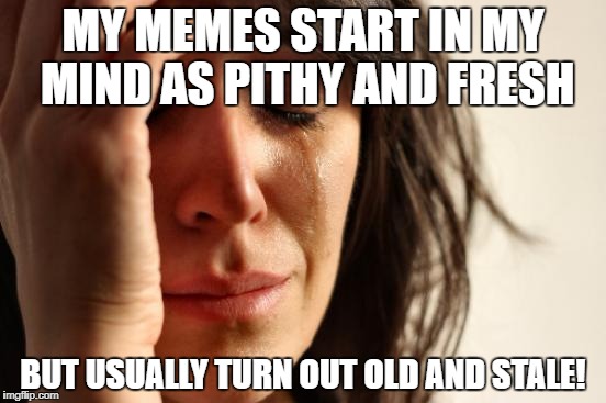First World Problems Meme | MY MEMES START IN MY MIND AS PITHY AND FRESH BUT USUALLY TURN OUT OLD AND STALE! | image tagged in memes,first world problems | made w/ Imgflip meme maker