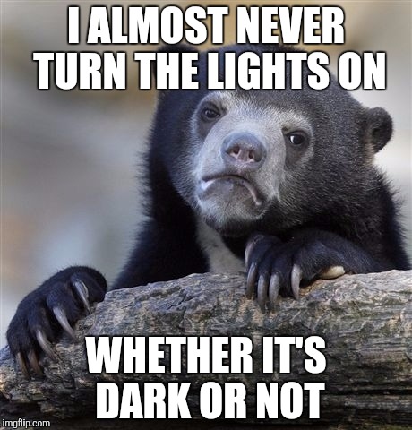 Confession Bear Meme | I ALMOST NEVER TURN THE LIGHTS ON WHETHER IT'S DARK OR NOT | image tagged in memes,confession bear | made w/ Imgflip meme maker