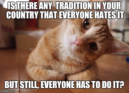 Curious Question Cat | IS THERE ANY  TRADITION IN YOUR COUNTRY THAT EVERYONE HATES IT; BUT STILL, EVERYONE HAS TO DO IT? | image tagged in curious question cat | made w/ Imgflip meme maker