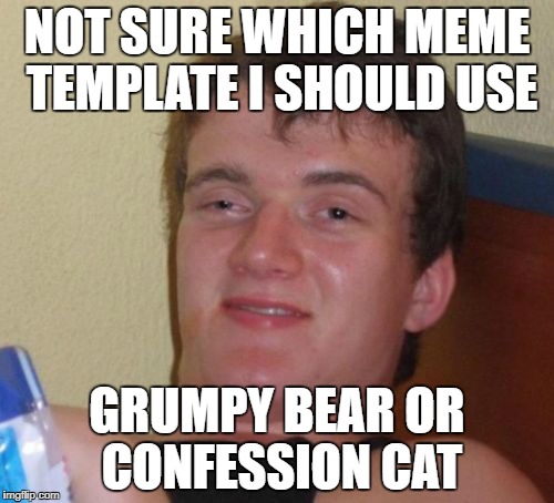 10 Guy Meme | NOT SURE WHICH MEME TEMPLATE I SHOULD USE; GRUMPY BEAR OR CONFESSION CAT | image tagged in memes,10 guy | made w/ Imgflip meme maker