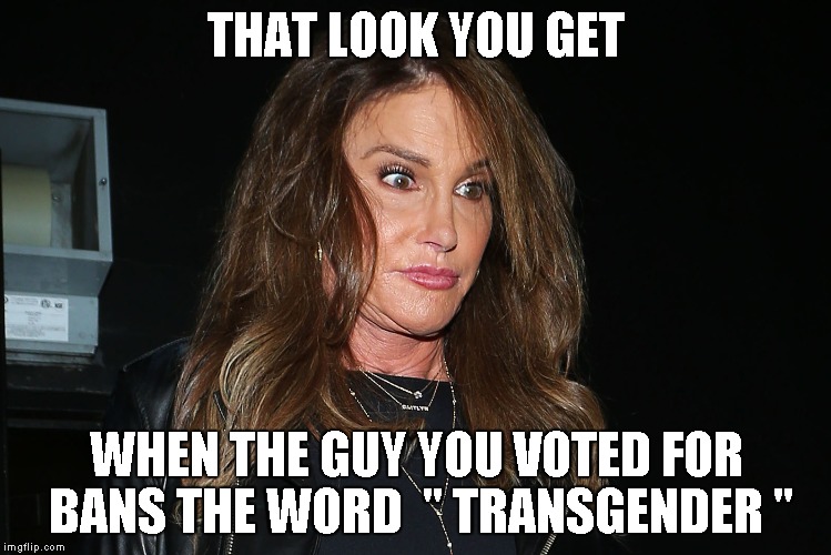 THAT LOOK YOU GET; WHEN THE GUY YOU VOTED FOR BANS THE WORD  " TRANSGENDER " | image tagged in trump,caitlyn jenner | made w/ Imgflip meme maker
