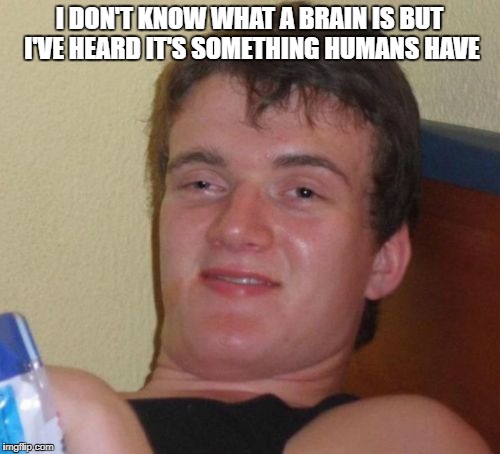 10 Guy Meme | I DON'T KNOW WHAT A BRAIN IS BUT I'VE HEARD IT'S SOMETHING HUMANS HAVE | image tagged in memes,10 guy | made w/ Imgflip meme maker
