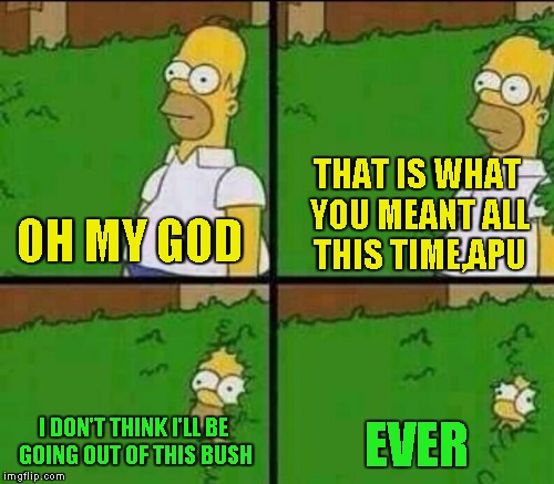 OH MY GOD THAT IS WHAT YOU MEANT ALL THIS TIME,APU I DON'T THINK I'LL BE GOING OUT OF THIS BUSH EVER | made w/ Imgflip meme maker