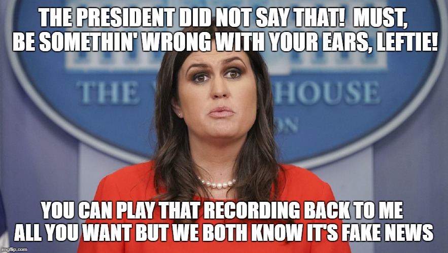 Sarah Sanders lost | THE PRESIDENT DID NOT SAY THAT!  MUST, BE SOMETHIN' WRONG WITH YOUR EARS, LEFTIE! YOU CAN PLAY THAT RECORDING BACK TO ME ALL YOU WANT BUT WE BOTH KNOW IT'S FAKE NEWS | image tagged in sarah sanders lost | made w/ Imgflip meme maker