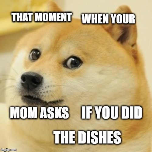Doge Meme | THAT MOMENT; WHEN YOUR; MOM ASKS; IF YOU DID; THE DISHES | image tagged in memes,doge | made w/ Imgflip meme maker