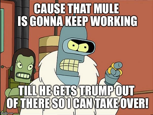 Bendith | CAUSE THAT MULE IS GONNA KEEP WORKING; TILL HE GETS TRUMP OUT OF THERE SO I CAN TAKE OVER! | image tagged in bendith | made w/ Imgflip meme maker