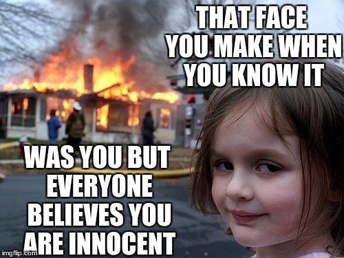 Disaster Girl | THAT FACE YOU MAKE WHEN YOU KNOW IT; WAS YOU BUT EVERYONE BELIEVES YOU ARE INNOCENT | image tagged in memes,disaster girl | made w/ Imgflip meme maker