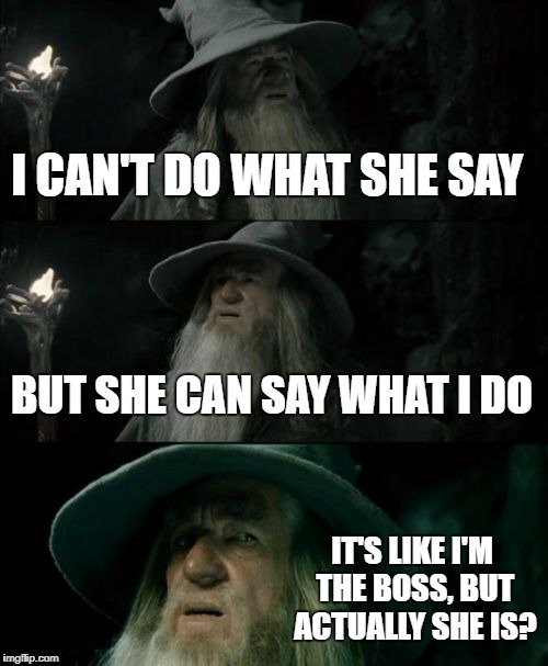Confused Gandalf Meme | I CAN'T DO WHAT SHE SAY; BUT SHE CAN SAY WHAT I DO; IT'S LIKE I'M THE BOSS, BUT ACTUALLY SHE IS? | image tagged in memes,confused gandalf | made w/ Imgflip meme maker