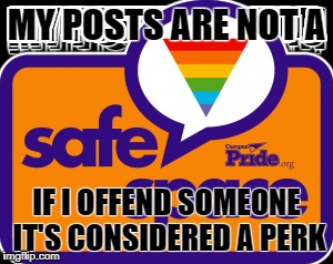 MY POSTS ARE NOT A; IF I OFFEND SOMEONE IT'S CONSIDERED A PERK | image tagged in safe space | made w/ Imgflip meme maker