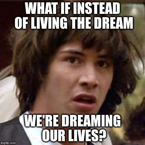 Conspiracy Keanu Meme | WHAT IF INSTEAD OF LIVING THE DREAM; WE'RE DREAMING OUR LIVES? | image tagged in memes,conspiracy keanu | made w/ Imgflip meme maker