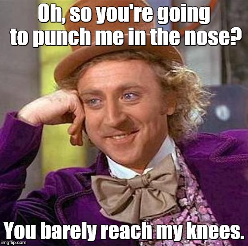 Creepy Condescending Wonka Meme | Oh, so you're going to punch me in the nose? You barely reach my knees. | image tagged in memes,creepy condescending wonka | made w/ Imgflip meme maker