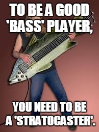 All about that bass. | TO BE A GOOD 'BASS' PLAYER, YOU NEED TO BE A 'STRATOCASTER'. | image tagged in all about that bass,puns,humor,music,fishing | made w/ Imgflip meme maker