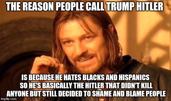 THE REASON PEOPLE CALL TRUMP HITLER IS BECAUSE HE HATES BLACKS AND HISPANICS SO HE'S BASICALLY THE HITLER THAT DIDN'T KILL ANYONE BUT STILL  | image tagged in memes,one does not simply | made w/ Imgflip meme maker