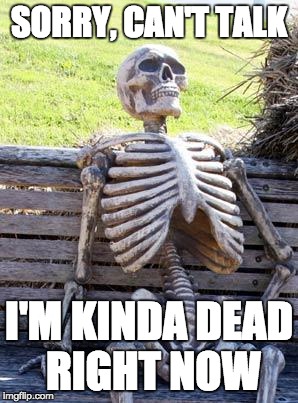Waiting Skeleton Meme | SORRY, CAN'T TALK; I'M KINDA DEAD RIGHT NOW | image tagged in memes,waiting skeleton | made w/ Imgflip meme maker