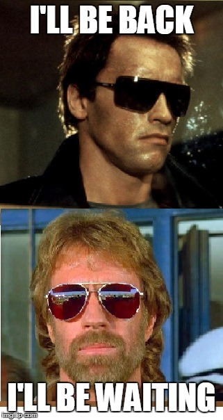 Terminator & Chuck Norris | I'LL BE BACK; I'LL BE WAITING | image tagged in chuck norris,memes,terminator | made w/ Imgflip meme maker