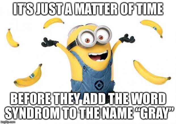 Minion chiq.banana | IT’S JUST A MATTER OF TIME; BEFORE THEY ADD THE WORD SYNDROM TO THE NAME “GRAY” | image tagged in minion chiqbanana | made w/ Imgflip meme maker