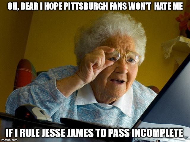 NFL referees | OH, DEAR I HOPE PITTSBURGH FANS WON'T  HATE ME; IF I RULE JESSE JAMES TD PASS INCOMPLETE | image tagged in memes,grandma finds the internet,nfl referee,nfl,pittsburgh steelers | made w/ Imgflip meme maker