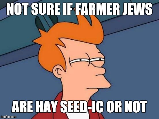 Futurama Fry Meme | NOT SURE IF FARMER JEWS ARE HAY SEED-IC OR NOT | image tagged in memes,futurama fry | made w/ Imgflip meme maker