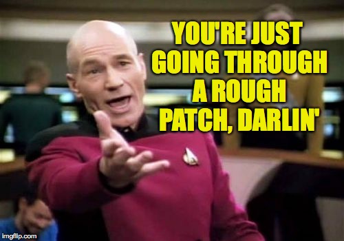 Picard Wtf Meme | YOU'RE JUST GOING THROUGH A ROUGH PATCH, DARLIN' | image tagged in memes,picard wtf | made w/ Imgflip meme maker