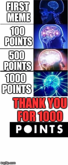 FIRST MEME; 100 POINTS; 500 POINTS; 1000 POINTS; THANK YOU FOR 1000 | image tagged in 10000 points | made w/ Imgflip meme maker