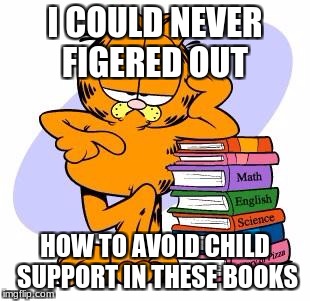 Garfield knows | I COULD NEVER FIGERED OUT; HOW TO AVOID CHILD SUPPORT IN THESE BOOKS | image tagged in garfield knows | made w/ Imgflip meme maker