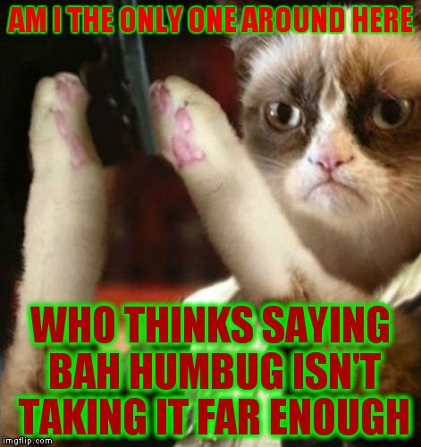 Merry Christmas from Grumpy Cat.. kinda.. | AM I THE ONLY ONE AROUND HERE; WHO THINKS SAYING BAH HUMBUG ISN'T TAKING IT FAR ENOUGH | image tagged in grumpy cat christmas,am i the only one around here,bah humbug,cats,funny | made w/ Imgflip meme maker