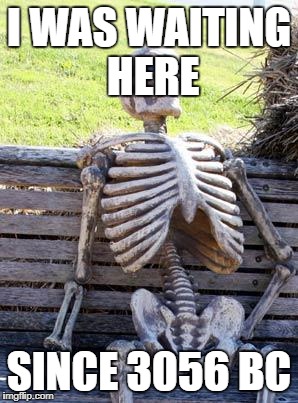 Waiting Skeleton | I WAS WAITING HERE; SINCE 3056 BC | image tagged in memes,waiting skeleton | made w/ Imgflip meme maker