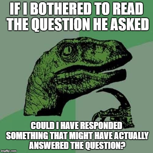 Philosoraptor Meme | IF I BOTHERED TO READ THE QUESTION HE ASKED; COULD I HAVE RESPONDED SOMETHING THAT MIGHT HAVE ACTUALLY ANSWERED THE QUESTION? | image tagged in memes,philosoraptor | made w/ Imgflip meme maker